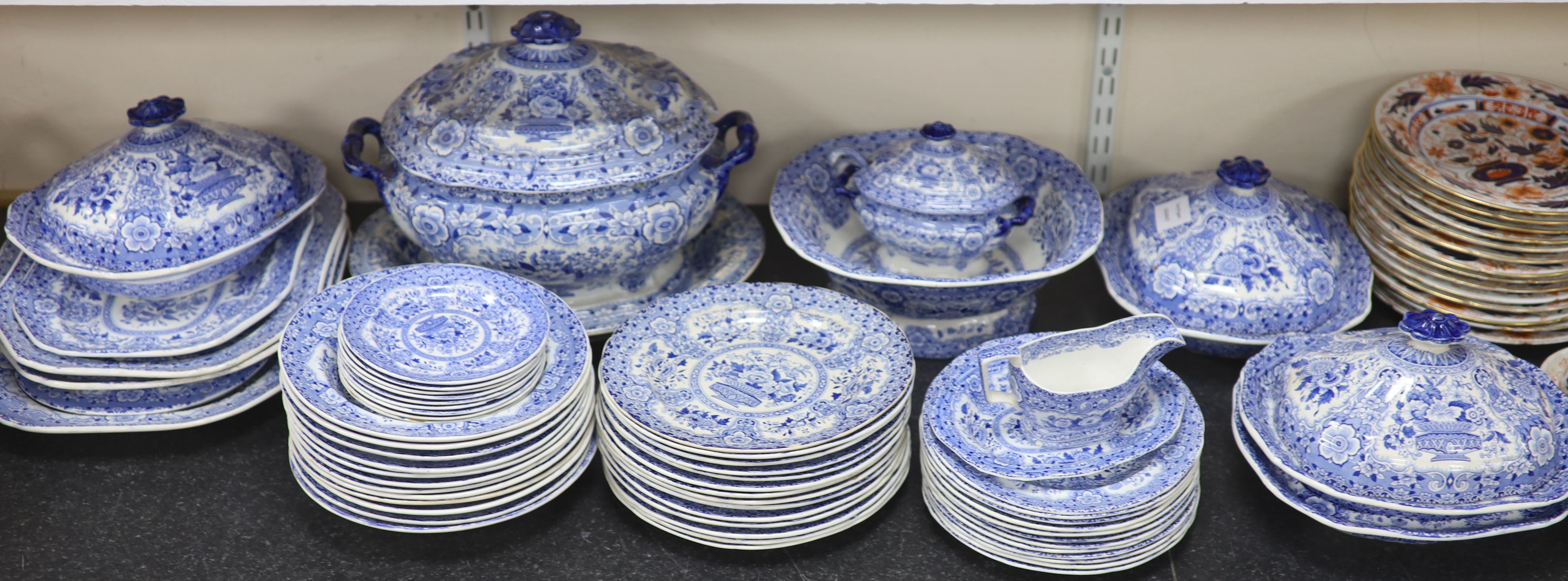 An extensive Minton filigree pattern blue and white dinner service, c.1830,